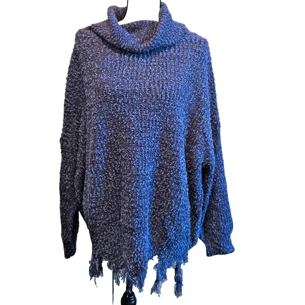 Umgee dark Blue oversize plush sweater with fringe cowl neck XL